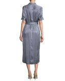 Striped Silk Charmeuse Midi Shirtdress, Navy