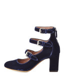 Ginger Velvet Three-Strap Pump, Blue