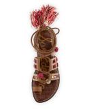 Gretchen Embroidered Lace-Up Flat Sandal, Camel/Pink