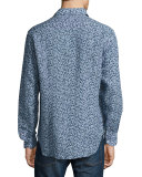Floral-Print Linen Sport Shirt, Navy/Light Blue