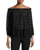 Embroidered Chiffon Off-the-Shoulder Top, Black