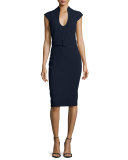 Cap-Sleeve Belted Crepe Sheath Dress, Navy