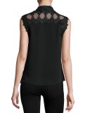 Odelia Sleeveless Lace-Trim Silk Blouse, Black