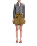 Oscar Paperbag-Waist Wide-Leg Twill Shorts, Khaki