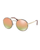 Trimmed Iridescent Round Sunglasses, Gold/Havana