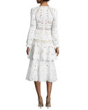 Long-Sleeve Macrame Midi Dress, White