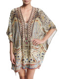 Printed Beaded Lace-Up Short Caftan Coverup