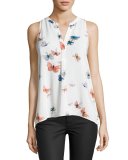 Aruna Butterfly-Print Silk Tank Top, Porcelain