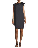 Gathered-Shoulder Shift Dress, Black