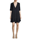 Delaney Short-Sleeve Silk Shift Dress, Navy