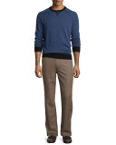 Sueded-Trim Crewneck Sweater, Navy