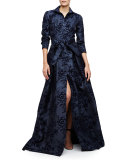 Floral-Embellished Trenchcoat Gown, Navy Slate