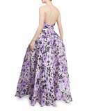 Sweetheart-Neck Strapless Floral-Print Gown, Purple/White