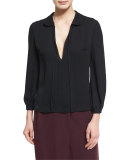 Pintucked Silk Chiffon Top, Black