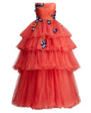 Strapless Embellished Tiered Tulle Ball Gown, Cherry