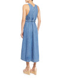Denim Overall Midi Dress, Washed Indigo