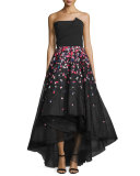 Strapless Threadwork High-Low Gown, Jet