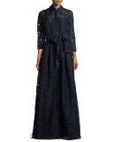 Long-Sleeve Belted Fil Coupe Gown, Navy