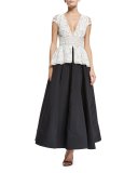 Embroidered V-Neck Cap-Sleeve Peplum Gown, Black/White