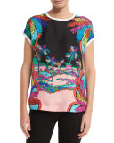 Palm Tree Cap-Sleeve Tee, Black/Multi