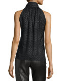 Sleeveless Tie-Neck Shimmery Blouse, Black/Gold