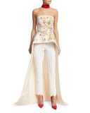 Strapless Embroidered Peplum Top w/ Train, Cream/Multi