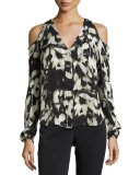 Painterly-Print Cold-Shoulder Blouse