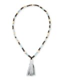 Long Beaded Necklace with Leather Tassel, Blue/Gray