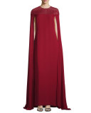 Beaded-Yoke Georgette Caftan Gown, Ruby