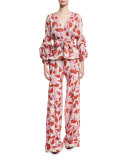 Colorado High-Waist Leaf-Print Trousers, Red/Pink