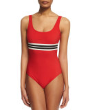 Parallel Striped Band Round-Neck One-Piece Swimsuit