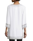 3/4-Sleeve Split-Neck Embellished Silk Tunic, White