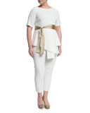 Fioretto Belted Asymmetric  Peplum Top W/ Attachable Sleeves, Plus Size 