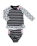 stripe & polka-dot rashguard set, black/white, size 12-24 months