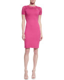 Matte Crepe Knit Short-Sleeve Sheath Dress, Cerise