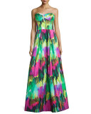 Strapless Sweetheart-Neck Printed Gown, Emerald