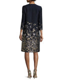 Floral-Embroidered 3/4-Sleeve Coat, Navy/Gold