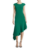 Cap-Sleeve Asymmetric Ponte Dress, Emerald