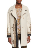 Embroidered Long Wool-Blend Coat, Ivory