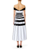 Striped Off-the-Shoulder Midi Dress, White/Black