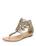 Jewel-Embellished Flat Thong Sandal, Platinum/Rose Gold
