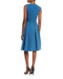 Sleeveless Pleated-Waist Cocktail Dress, Blue Steel