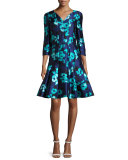 Floral 3/4-Sleeve Split-Neck Dress, Navy