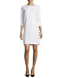 Leather Side-Button Long-Sleeve Dress, Off White