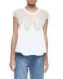 Cap-Sleeve Medallion Lace-Inset Tee, Optic White
