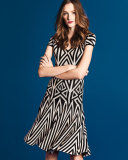 Geometric-Lines Knit V-Neck Dress, Caviar/Sahara