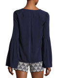 Iolana Bell-Sleeve Stretch Silk Top, Blue