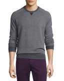 Sueded-Trim Crewneck Sweater, Charcoal