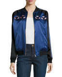 Reversible Silk Satin Bomber Jacket, Black/Blue/Multicolor