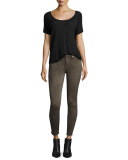Knee-Seam Sueded Skinny Jeans, Olive